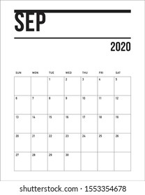September 2020 desk calendar vector illustration, simple and clean design. 
