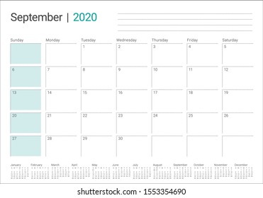 September 2020 desk calendar vector illustration, simple and clean design. 
