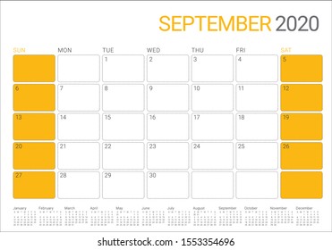 September 2020 desk calendar vector illustration, simple and clean design. 
