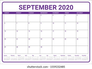 September 2020 desk calendar vector illustration, simple and clean design. 

