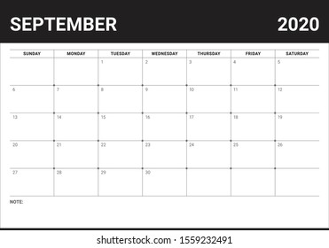 September 2020 desk calendar vector illustration, simple and clean design. 
