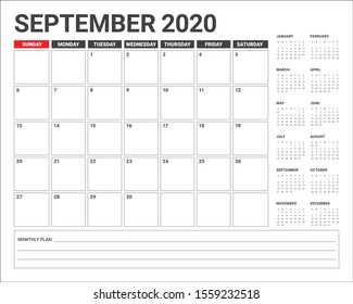 September 2020 desk calendar vector illustration, simple and clean design. 
