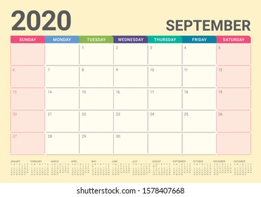 September 2020 desk calendar vector illustration, simple and clean design. 
