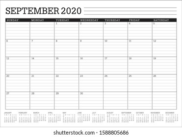 September 2020 desk calendar vector illustration, simple and clean design. 
