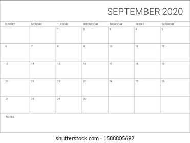 September 2020 desk calendar vector illustration, simple and clean design. 

