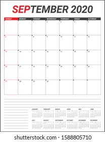 September 2020 desk calendar vector illustration, simple and clean design. 
