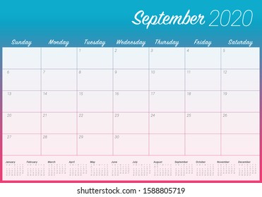 September 2020 desk calendar vector illustration, simple and clean design. 
