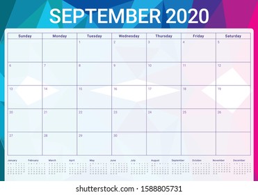 September 2020 desk calendar vector illustration, simple and clean design. 
