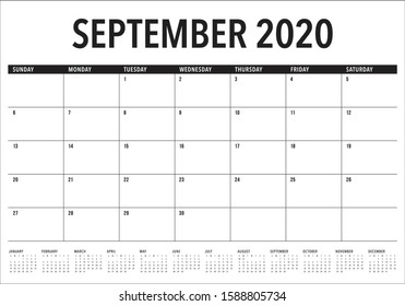 September 2020 desk calendar vector illustration, simple and clean design. 
