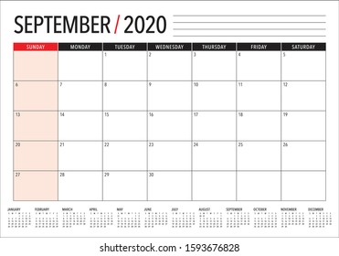 September 2020 desk calendar vector illustration, simple and clean design. 
