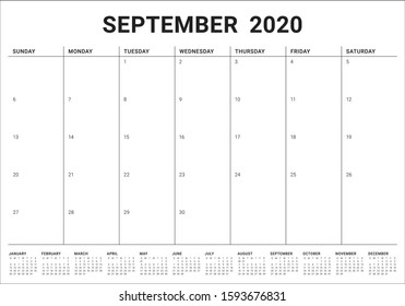 September 2020 desk calendar vector illustration, simple and clean design. 
