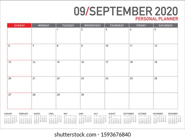 September 2020 desk calendar vector illustration, simple and clean design. 
