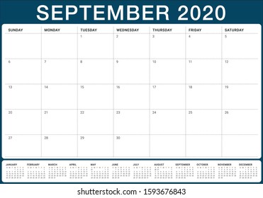 September 2020 desk calendar vector illustration, simple and clean design. 

