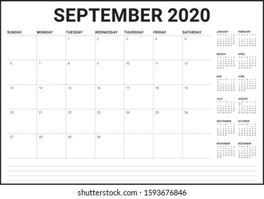 September 2020 desk calendar vector illustration, simple and clean design. 
