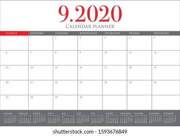 September 2020 desk calendar vector illustration, simple and clean design. 
