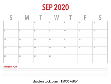September 2020 desk calendar vector illustration, simple and clean design. 

