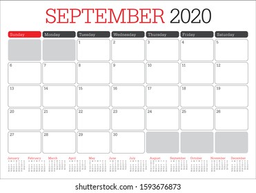 September 2020 desk calendar vector illustration, simple and clean design. 
