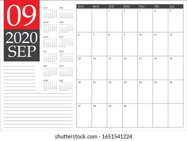 September 2020 desk calendar vector illustration, simple and clean design. 

