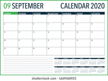 September 2020 desk calendar vector illustration, simple and clean design. 