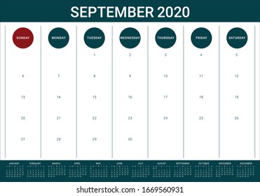 September 2020 desk calendar vector illustration, simple and clean design. 