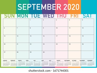 Ilustración vectorial del calendario de escritorio de septiembre de 2020, diseño simple y limpio. 
