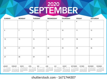 Ilustración vectorial del calendario de escritorio de septiembre de 2020, diseño simple y limpio. 
