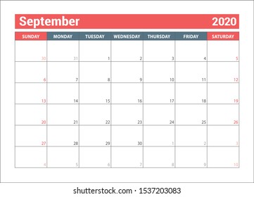 September 2020. Horizontal planner. English calendar. Сolor vector template. Week starts on Sunday. Business planning. New year. Clean minimal table. Simple design