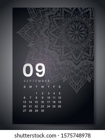 September 2020 monthly calendar with beautiful mandala design. Round pattern ornament for holiday event planner