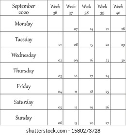 September 2020 Planner with number for each Weak black on transparent background