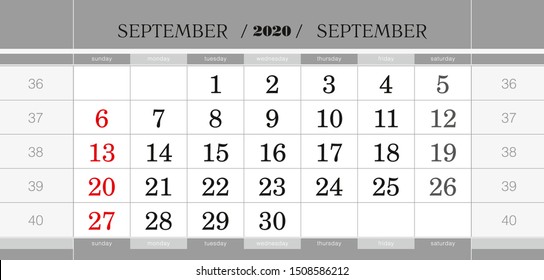 September 2020 quarterly calendar block. Wall calendar in English, week starts from Sunday. Vector Illustration.