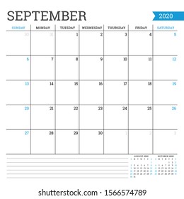 September 2020. Square monthly calendar. Planner template. Minimalist style. Vector illustration. Week starts on Sunday