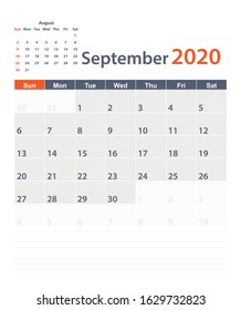 September 2020 vector planning calendar with a place for notes. Weeks start on Sunday.