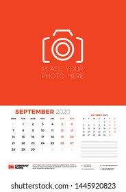 September 2020. Wall calendar planner template. Week starts on Monday. Typographic design template. Vector illustration