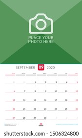 September 2020. Wall calendar planner with place for photo. Vector design print template. Week starts on Sunday