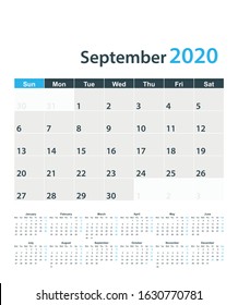 September 2020 wall calendar. Weeks start on Sunday.
