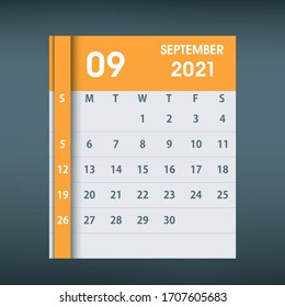 Hoja del Calendario de septiembre de 2021. Diseño plano. Plantilla de diseño mensual del calendario. La semana empieza el domingo. Ilustración vectorial de negocio.