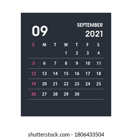 Hoja del Calendario de Septiembre de 2021. Calendario 2021 en estilo plano. Ilustración vectorial.
