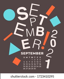 September : 2021 Calendar with name of month isolated on pastel background : Vector Illustration