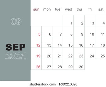 September 2021. Calendar planner design template. Week starts on Sunday. Stationery design. Vector Illustration