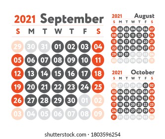 September 2021 calendar. Planner design. English calender. Red color vector template. Week starts on Sunday. Business planning. 