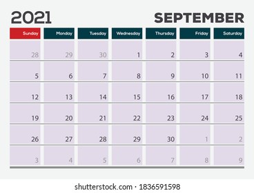 September 2021. Calendar planner design template. Week starts on Sunday	