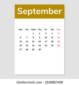 September 2021 calendar sheet. Vector illustration. 