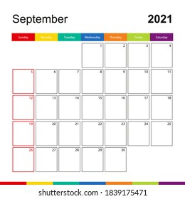 September 2021 colorful wall calendar, week starts on Sunday. 2021 Calendar template.