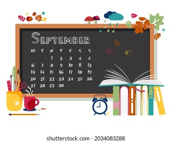 September 2021 Monday start calendar on school blackboard written in chalk. School and Fall attributes: books, utensils, alarm clock, rain drops, leaves, mushrooms, acorns. Flat vector illustration