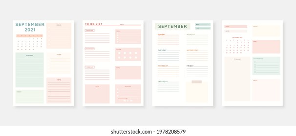 September 2021 - Planner. Modern planner template set. Set of planner and to do list. Monthly, weekly, daily planner template. Vector illustration.