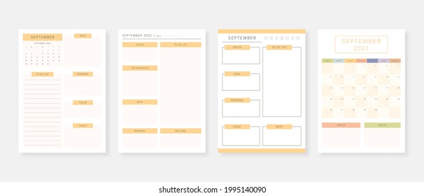 September 2021 - Planner. Modern planner template set. Set of planner and to do list. Monthly, weekly, daily planner template. Vector illustration.