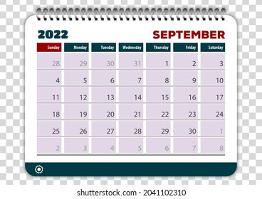 Septiembre de 2022. Plantilla de diseño del planificador de calendarios. La semana empieza el domingo