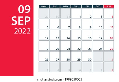 Septiembre de 2022 Calendario Planner - ilustración vectorial. Plantilla. Burlarse.