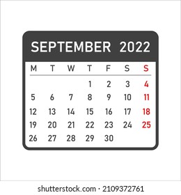 September 2022 calendar. Vector illustration of a calendar for September 2022. Wall table calendar vector template. September 2022 wall calendar template.