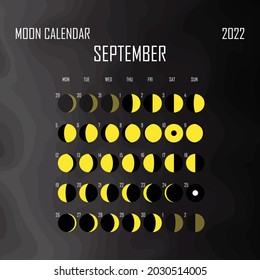 September 2022 Moon calendar. Astrological calendar design. planner. Place for stickers. Month cycle planner mockup. Isolated black and white background.